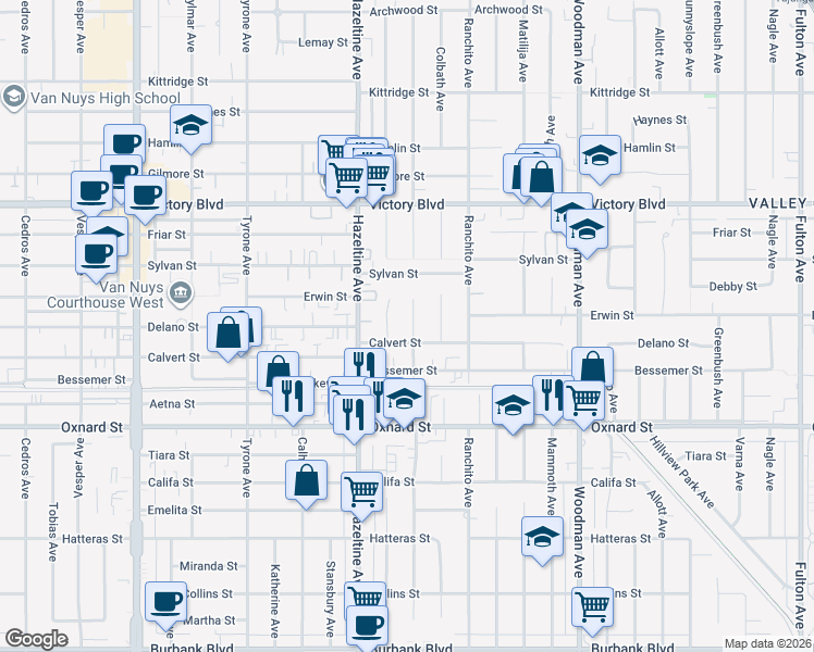 map of restaurants, bars, coffee shops, grocery stores, and more near 14018 Calvert Street in Los Angeles