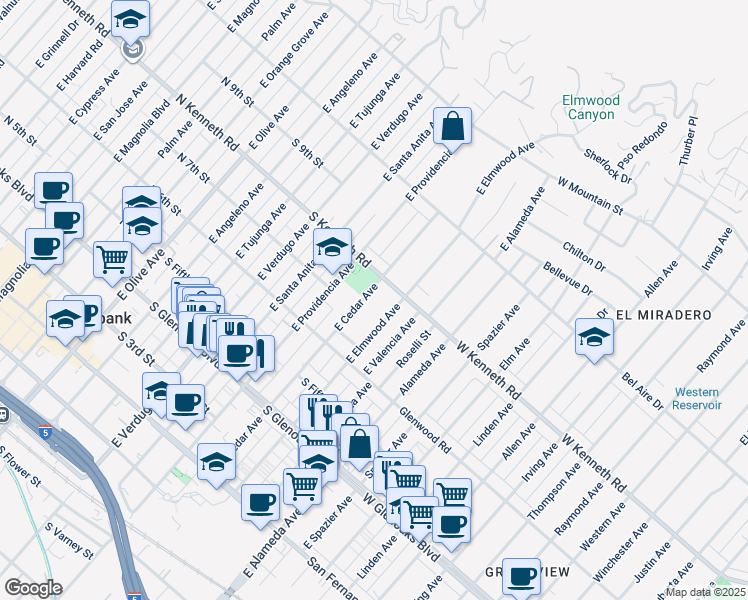map of restaurants, bars, coffee shops, grocery stores, and more near 701 East Elmwood Avenue in Burbank