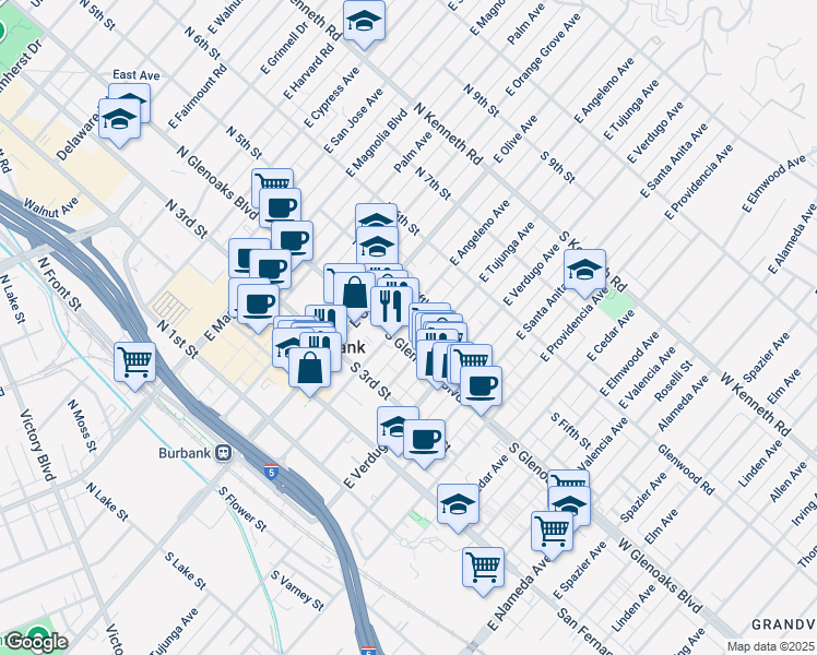 map of restaurants, bars, coffee shops, grocery stores, and more near 225 South Glenoaks Boulevard in Burbank
