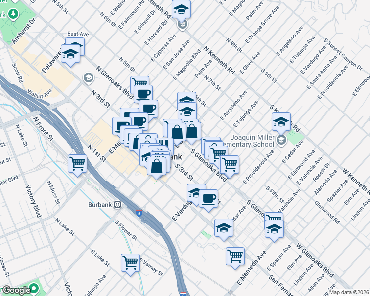 map of restaurants, bars, coffee shops, grocery stores, and more near 327 East Angeleno Avenue in Burbank