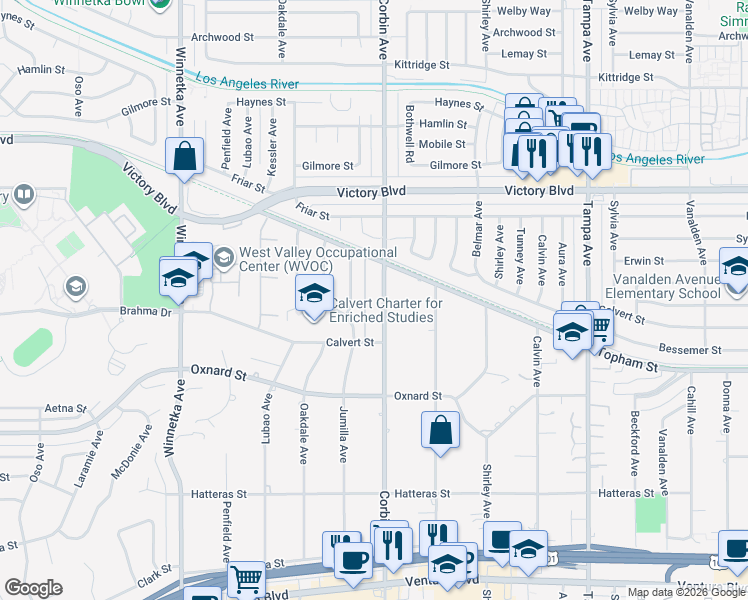 map of restaurants, bars, coffee shops, grocery stores, and more near 6118 Jumilla Avenue in Los Angeles