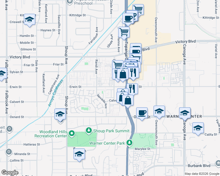 map of restaurants, bars, coffee shops, grocery stores, and more near 6121 Glade Avenue in Los Angeles