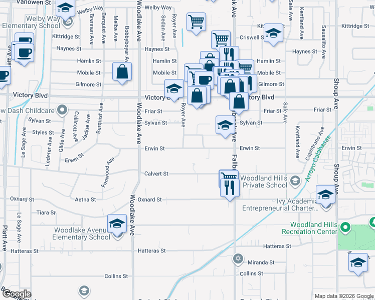 map of restaurants, bars, coffee shops, grocery stores, and more near 22960 Erwin Street in Los Angeles