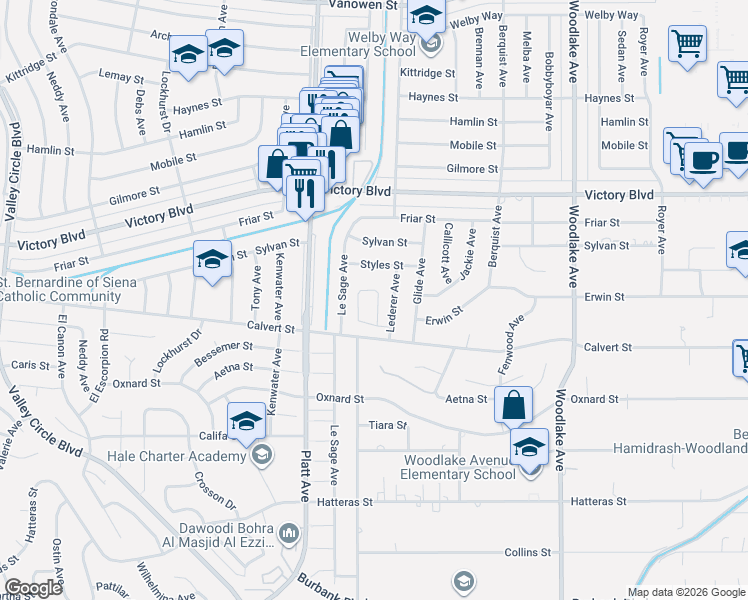 map of restaurants, bars, coffee shops, grocery stores, and more near 6120 Dalecrest Avenue in Los Angeles