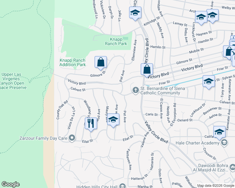 map of restaurants, bars, coffee shops, grocery stores, and more near 6133 Pat Avenue in Los Angeles