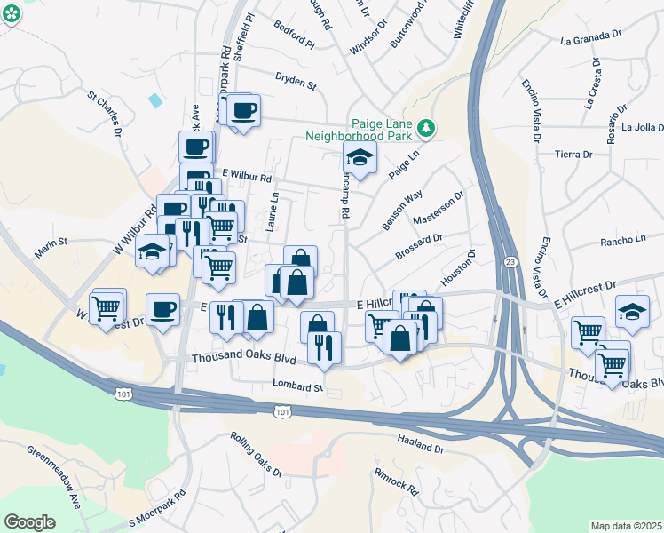 map of restaurants, bars, coffee shops, grocery stores, and more near 259 Hodencamp Road in Thousand Oaks