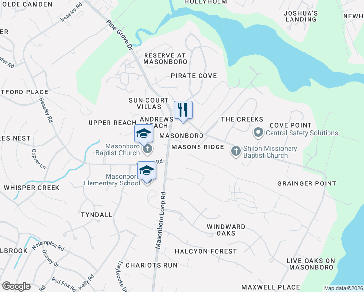map of restaurants, bars, coffee shops, grocery stores, and more near 3431 Masonboro Loop Road in Wilmington