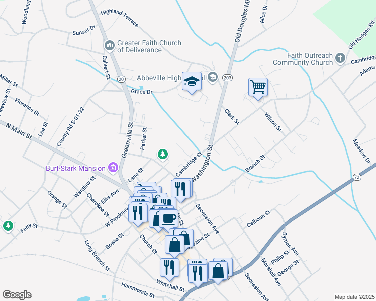 map of restaurants, bars, coffee shops, grocery stores, and more near 114 Cambridge Street in Abbeville