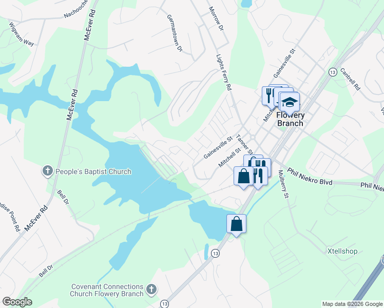 map of restaurants, bars, coffee shops, grocery stores, and more near 6336 Boat Shoal Lane in Flowery Branch