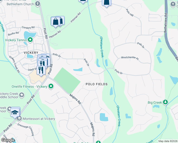 map of restaurants, bars, coffee shops, grocery stores, and more near 6080 Wellington Court in Cumming