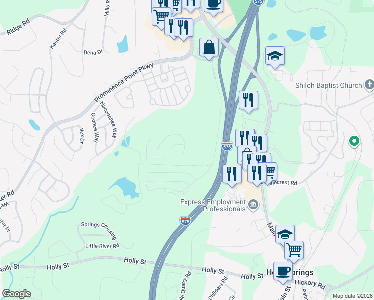 map of restaurants, bars, coffee shops, grocery stores, and more near 385 Hidden Creek Lane in Canton
