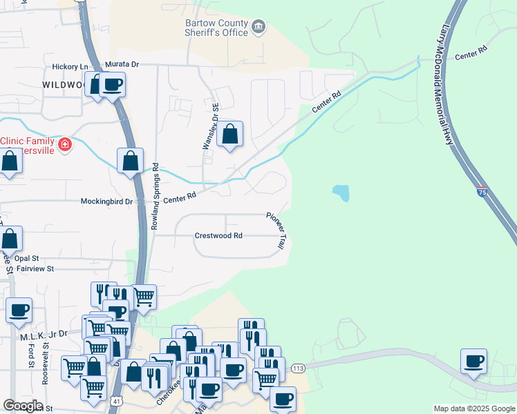 map of restaurants, bars, coffee shops, grocery stores, and more near 112 Pioneer Trail in Cartersville