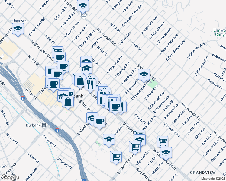 map of restaurants, bars, coffee shops, grocery stores, and more near 525 East Verdugo Avenue in Burbank