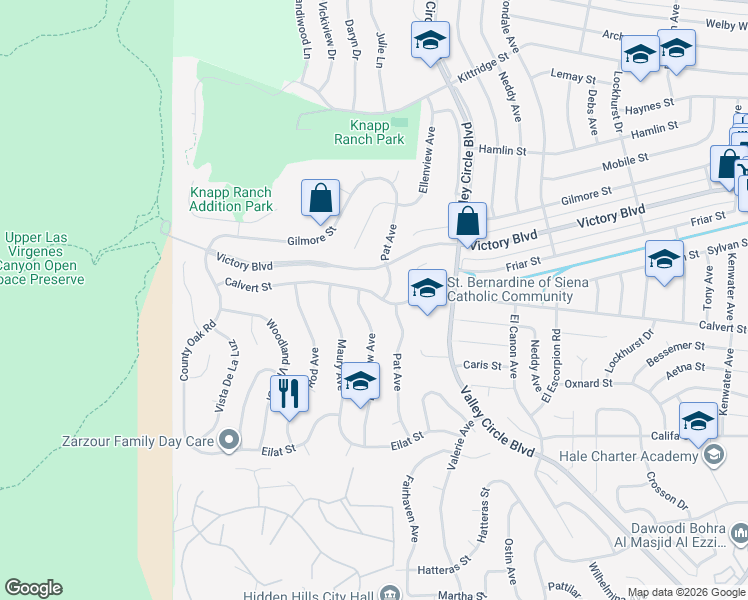 map of restaurants, bars, coffee shops, grocery stores, and more near 24526 Calvert Street in Los Angeles