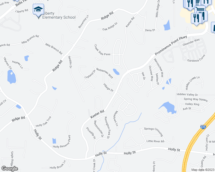 map of restaurants, bars, coffee shops, grocery stores, and more near 114 Village Drive in Canton