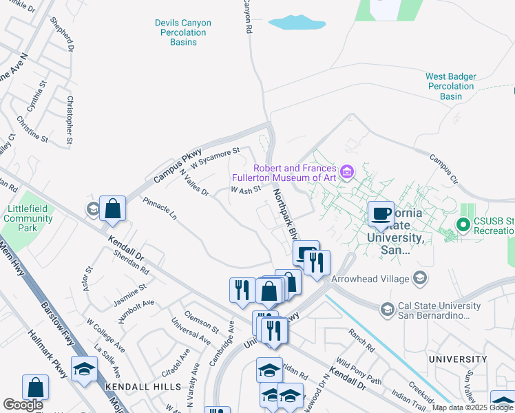 map of restaurants, bars, coffee shops, grocery stores, and more near 5348 North Alumni Lane in San Bernardino