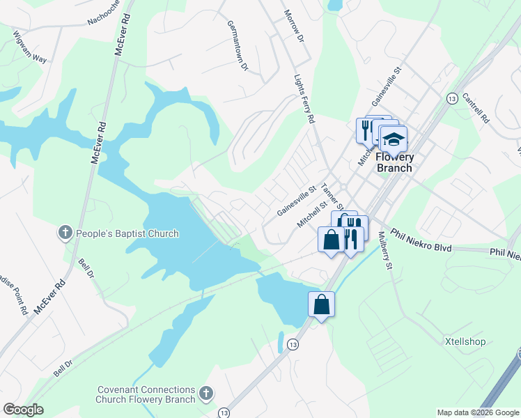 map of restaurants, bars, coffee shops, grocery stores, and more near 6336 Boat Shoal Lane in Flowery Branch