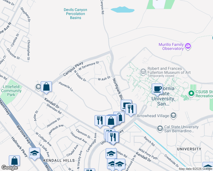 map of restaurants, bars, coffee shops, grocery stores, and more near 5348 North Alumni Lane in San Bernardino