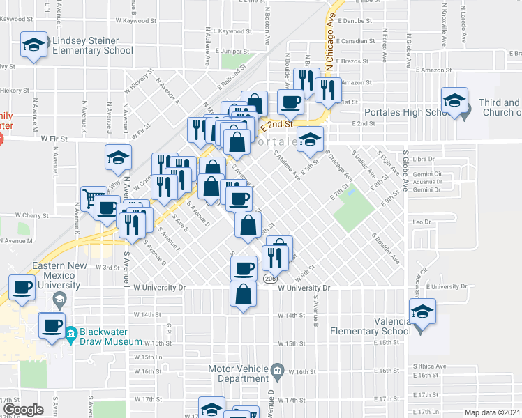 map of restaurants, bars, coffee shops, grocery stores, and more near 213 West 5th Street in Portales