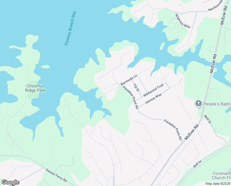 map of restaurants, bars, coffee shops, grocery stores, and more near 6453 Paradise Point Road in Flowery Branch