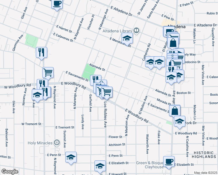 map of restaurants, bars, coffee shops, grocery stores, and more near 451 East Sacramento Street in Altadena