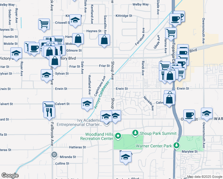 map of restaurants, bars, coffee shops, grocery stores, and more near 6121 Shoup Avenue in Los Angeles
