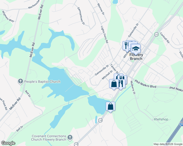 map of restaurants, bars, coffee shops, grocery stores, and more near 6415 Silvertide Way in Flowery Branch