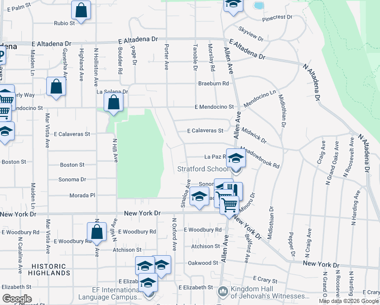 map of restaurants, bars, coffee shops, grocery stores, and more near 2099 Sinaloa Avenue in Altadena
