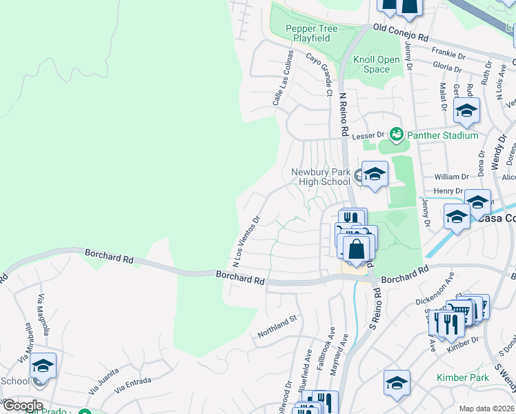 map of restaurants, bars, coffee shops, grocery stores, and more near 317 Los Vientos Drive in Thousand Oaks