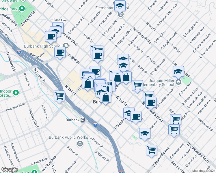 map of restaurants, bars, coffee shops, grocery stores, and more near 150 North 3rd Street in Burbank