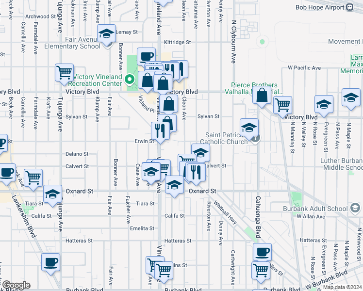 map of restaurants, bars, coffee shops, grocery stores, and more near 6171 Cleon Avenue in Los Angeles