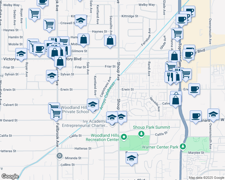 map of restaurants, bars, coffee shops, grocery stores, and more near 6225 Shoup Avenue in Los Angeles
