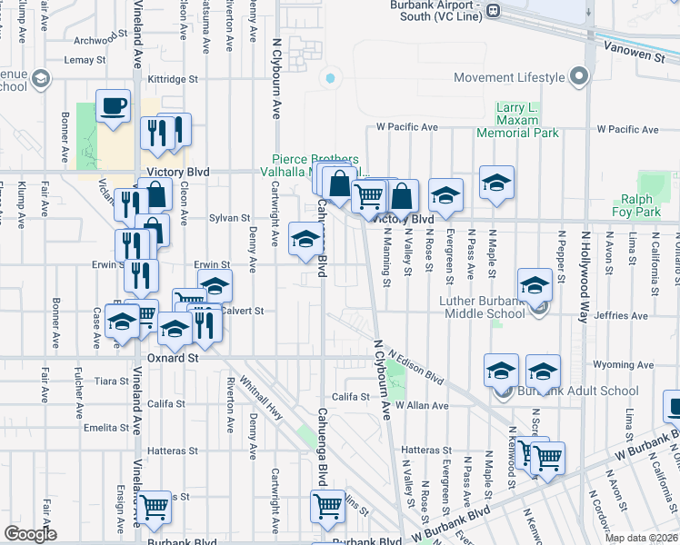 map of restaurants, bars, coffee shops, grocery stores, and more near 6149 Auckland Avenue in Los Angeles