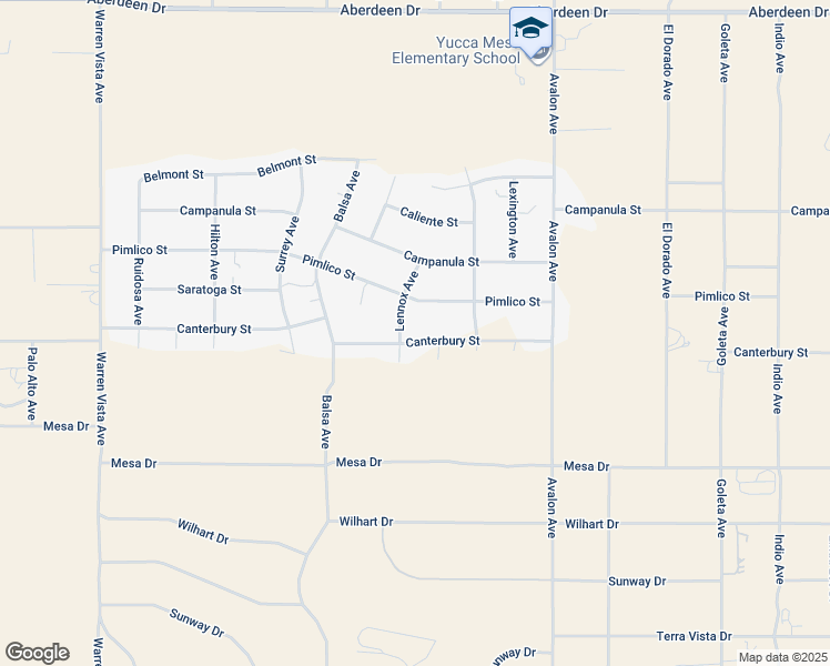 map of restaurants, bars, coffee shops, grocery stores, and more near 58258 Canterbury Street in Yucca Valley