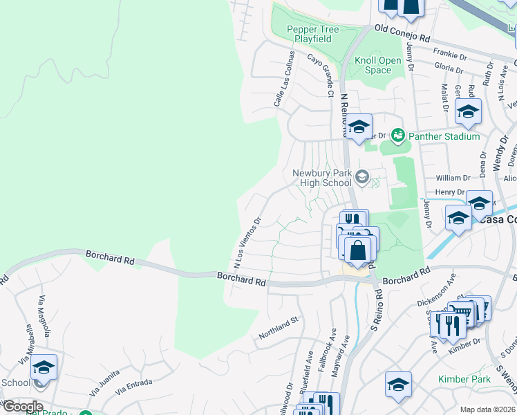 map of restaurants, bars, coffee shops, grocery stores, and more near 317 Los Vientos Drive in Thousand Oaks