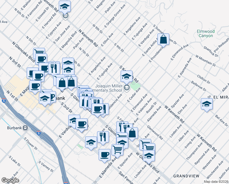 map of restaurants, bars, coffee shops, grocery stores, and more near 637 East Santa Anita Avenue in Burbank