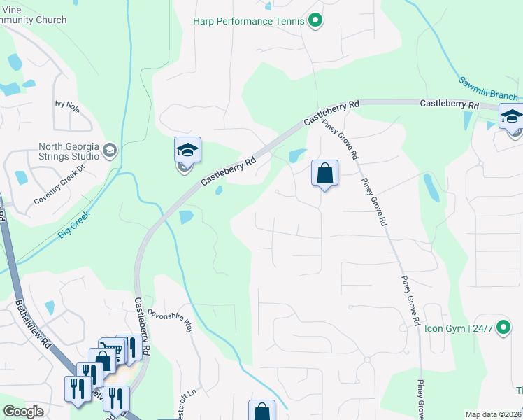 map of restaurants, bars, coffee shops, grocery stores, and more near 5510 Kings Hill Drive in Cumming