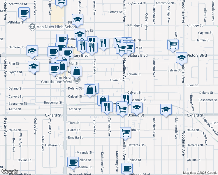 map of restaurants, bars, coffee shops, grocery stores, and more near 14201 Delano Street in Van Nuys