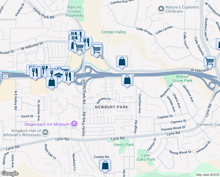 map of restaurants, bars, coffee shops, grocery stores, and more near 1282 Newbury Road in Thousand Oaks