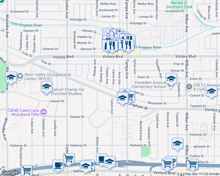 map of restaurants, bars, coffee shops, grocery stores, and more near 19407 Calvert Street in Los Angeles