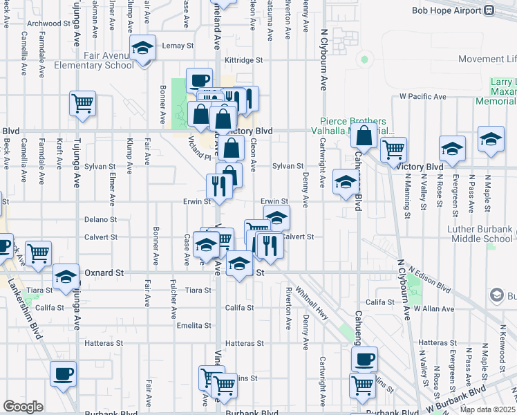 map of restaurants, bars, coffee shops, grocery stores, and more near 6170 Cleon Avenue in Los Angeles