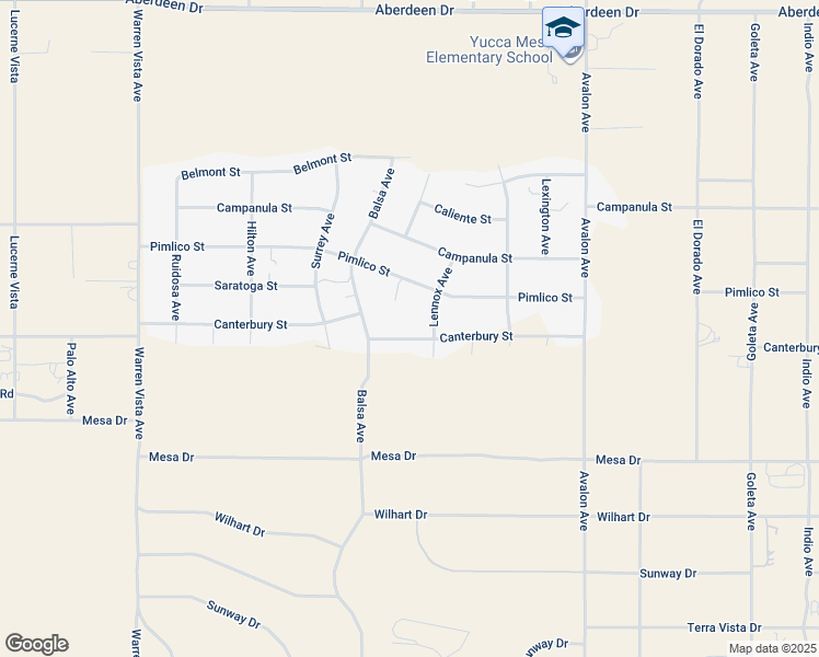 map of restaurants, bars, coffee shops, grocery stores, and more near 58186 Canterbury Street in Yucca Valley