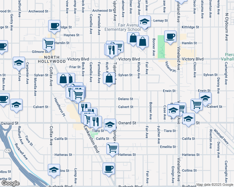 map of restaurants, bars, coffee shops, grocery stores, and more near 6213 Bakman Avenue in Los Angeles
