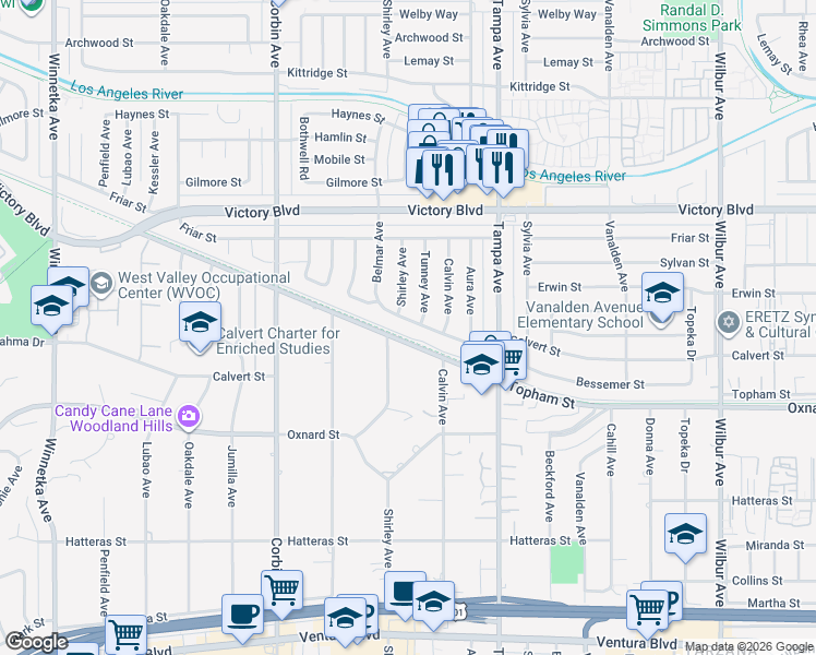 map of restaurants, bars, coffee shops, grocery stores, and more near 6220 Shirley Avenue in Los Angeles