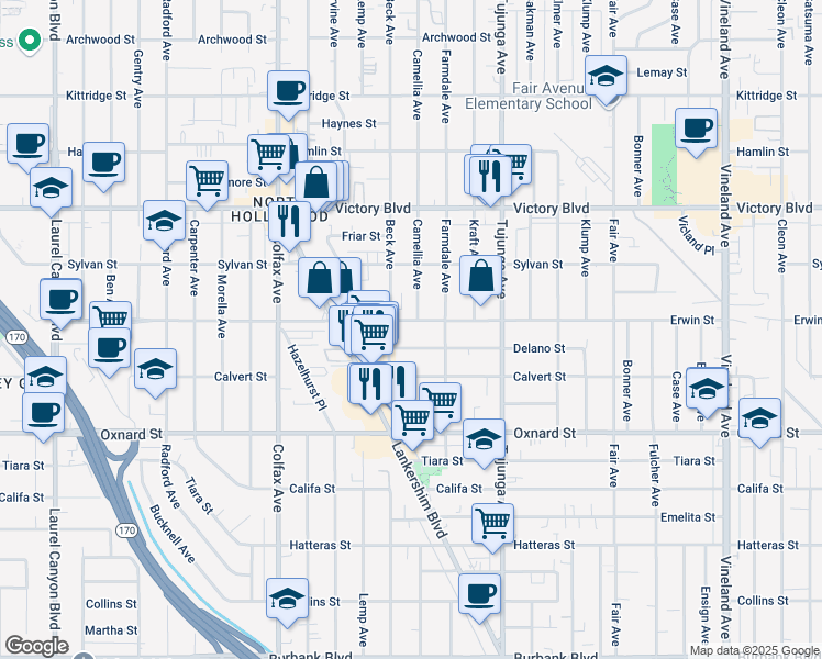 map of restaurants, bars, coffee shops, grocery stores, and more near 6212 Beck Avenue in Los Angeles