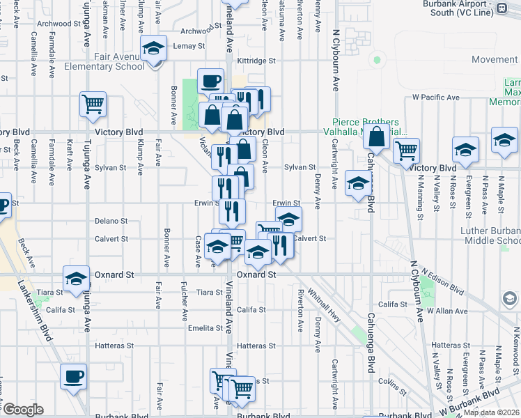 map of restaurants, bars, coffee shops, grocery stores, and more near 6171 Cleon Avenue in Los Angeles