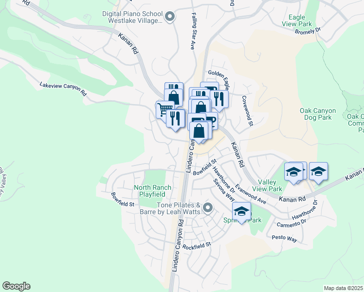 map of restaurants, bars, coffee shops, grocery stores, and more near 1070 Terrace Hill Circle in Westlake Village