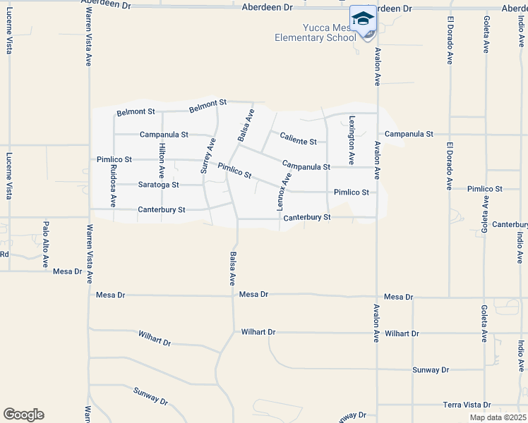 map of restaurants, bars, coffee shops, grocery stores, and more near 58186 Canterbury Street in Yucca Valley