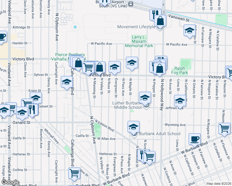 map of restaurants, bars, coffee shops, grocery stores, and more near 1750 Evergreen Street in Burbank