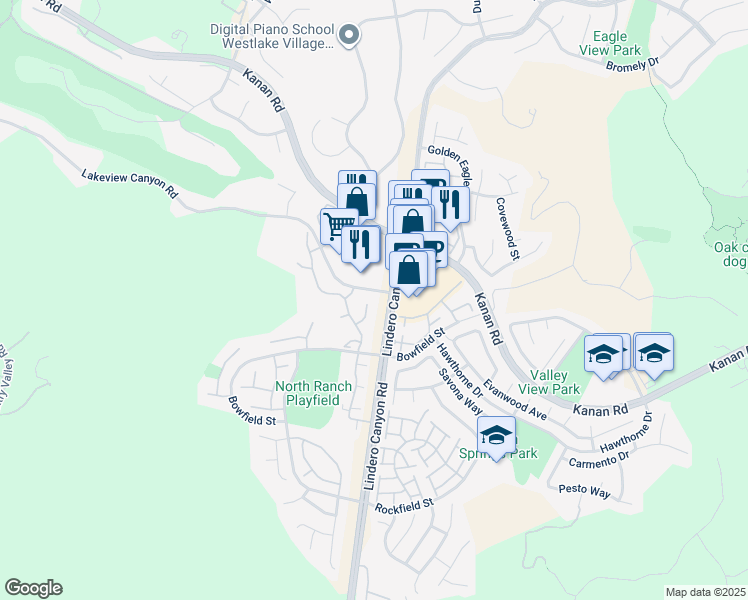 map of restaurants, bars, coffee shops, grocery stores, and more near 1070 Terrace Hill Circle in Westlake Village